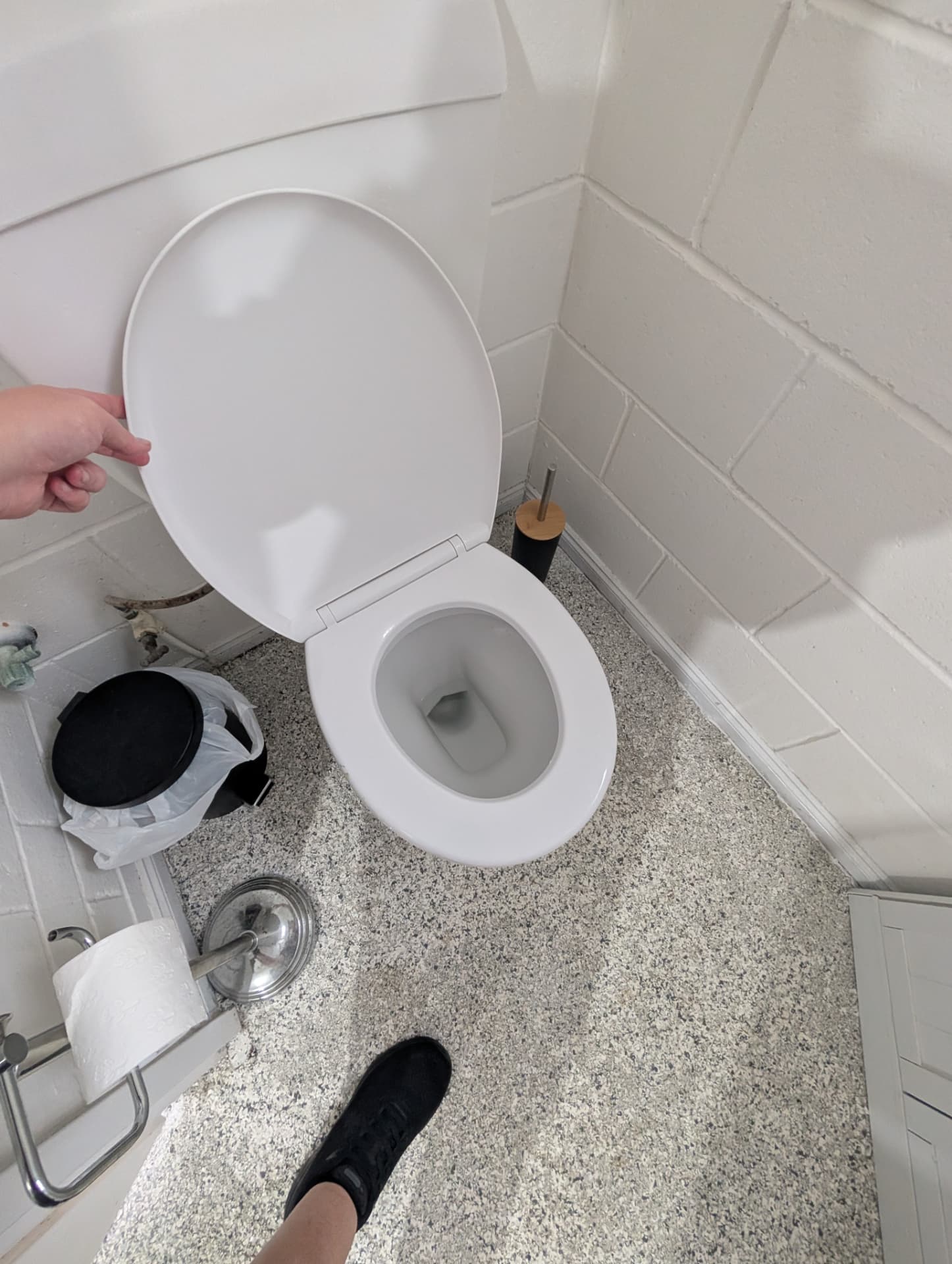 Toilet with the lid raised showing a clean bowl, brush and plunger present